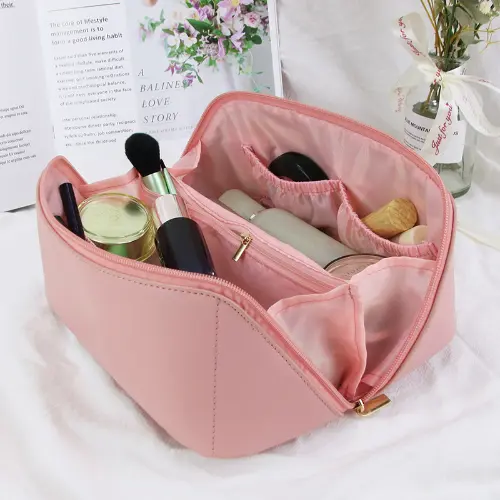 Bearky Beauty Ladies Simple Travel Cosmetic Bag PU Leather Portable Zipper Toiletry Makeup Pouch